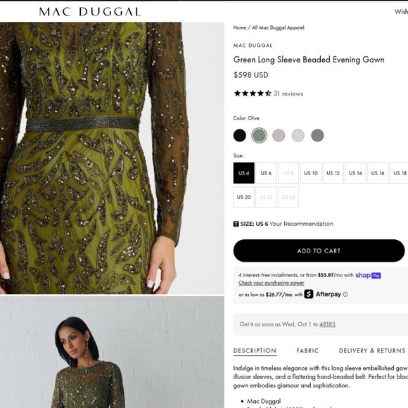 Mac Duggal 5124 Size 2 Olive Green Beaded Long Sleeve Evening Gown Maxi Dress - Picture 4 of 6